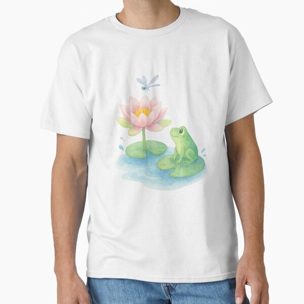 Peaceful Pond Frog and Dragonfly – Watercolor Illustration T-Shirt