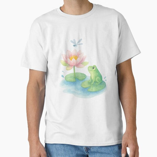Peaceful Pond Frog and Dragonfly – Watercolor Illustration T-Shirt