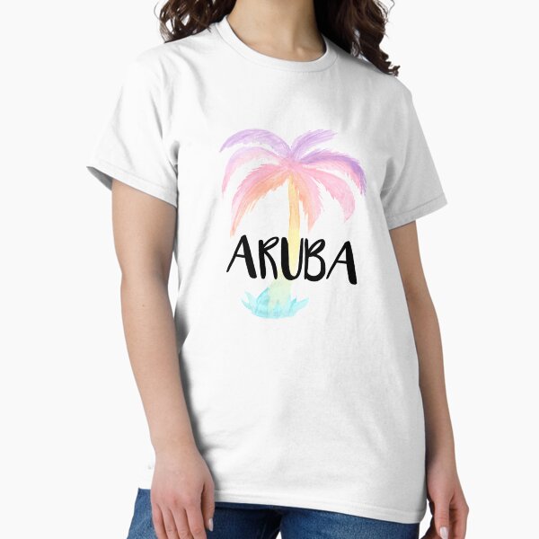 Aruba Watercolor Palm Tree Tropical Calligraphy Design T-Shirt