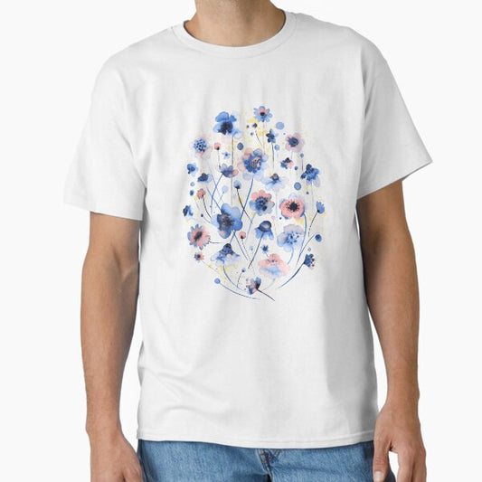 Soft wildflowers painted with ink and watercolor - pastel blue T-Shirt