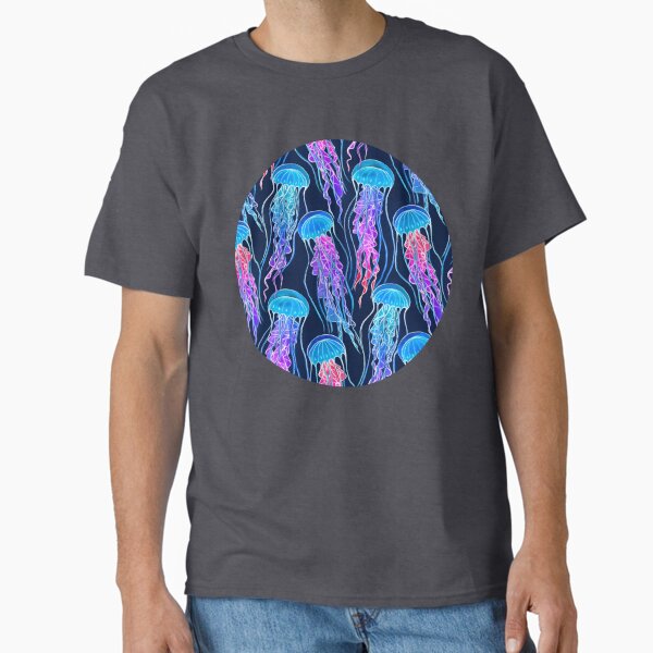 Luminescent Rainbow Jellyfish on Navy Blue T-Shirt