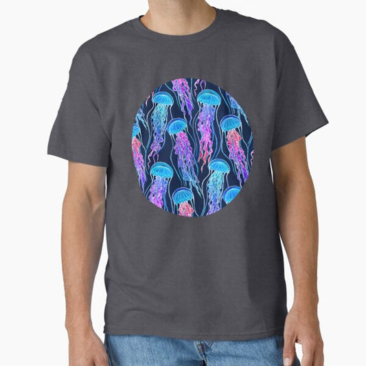 Luminescent Rainbow Jellyfish on Navy Blue T-Shirt