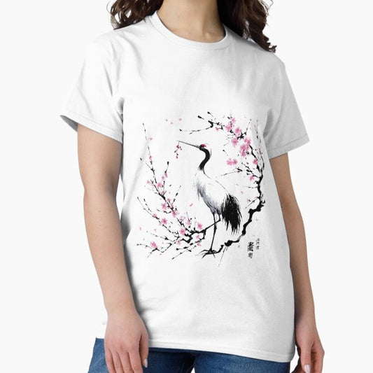 Japanese crane with cherry blossom japanese ink T-Shirt