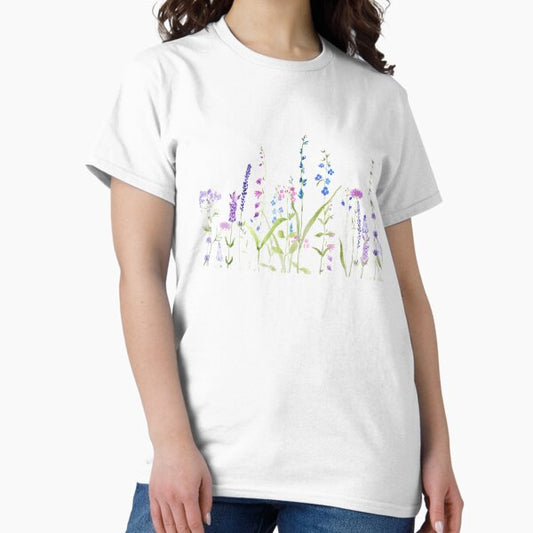 Hand painted purple blue wild flowers watercolor painting T-Shirt