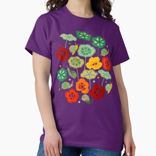 Nasturtiums & Snails On Brown T-Shirt