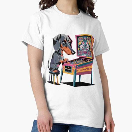 Funny Dachshund Dog Playing Pinball Retro Graffiti T-Shirt