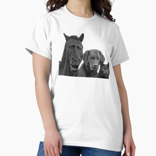 Funny Laughing Horse Dog and Cat Trio meme T-Shirt