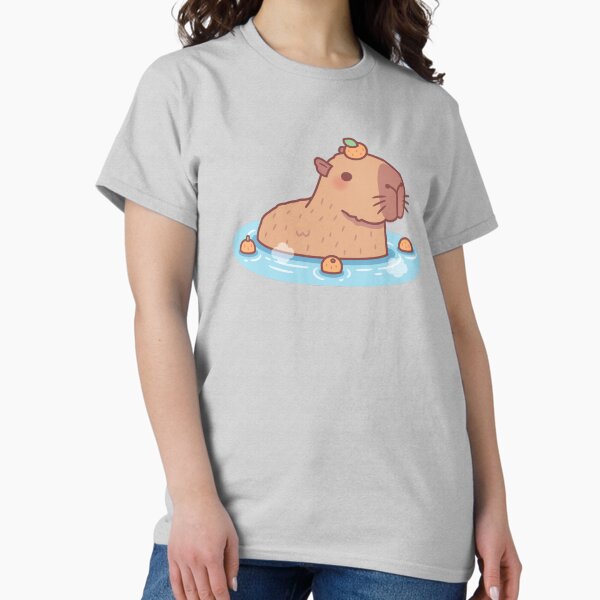 Cute Capybara With Orange On Head Chilling In Hot Spring T-Shirt