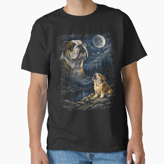 Bulldog Howling at the Moon – Vintage 90s Retro Night Sky Dog Art T-Shirt