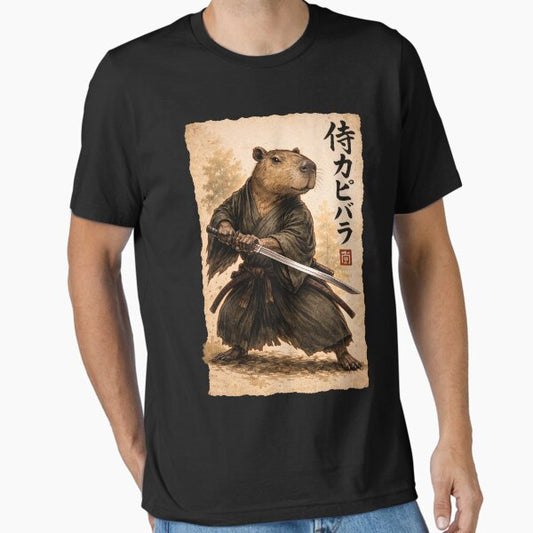 Retro Vintage Japanese ink art, samurai Capybara illustration T-Shirt