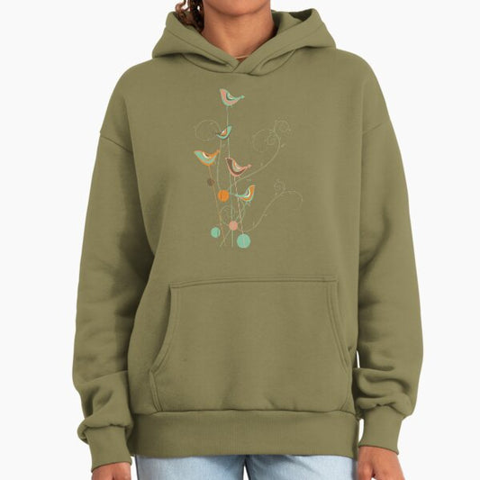 Colorful Summer Orange, Chocolate and Mint Whimsical Birds with Swirls © fatfatin Hoodie
