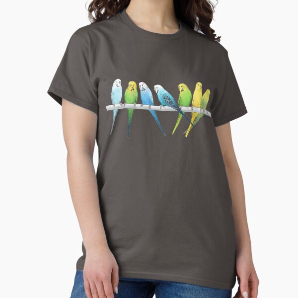 Rows of Budgies pet birds sitting on a perch a on white background T-Shirt