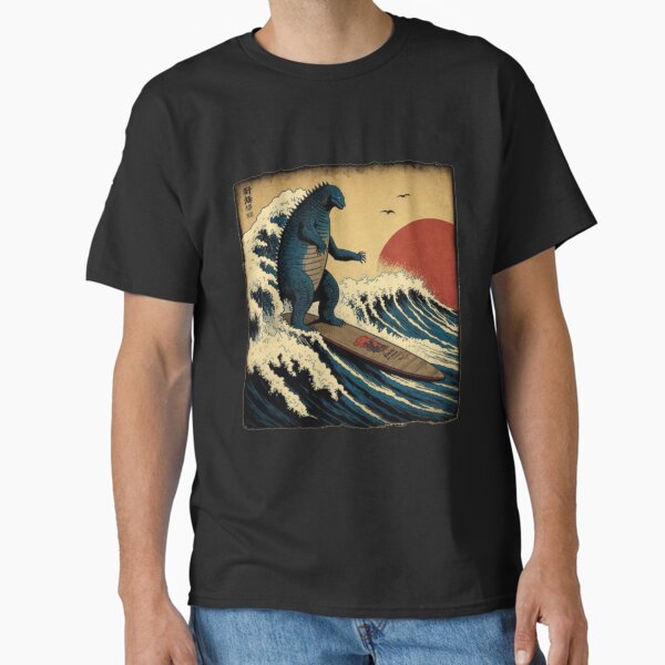 Godzilla Surfing The Great Wave by Hokusai Funny Parody T-Shirt