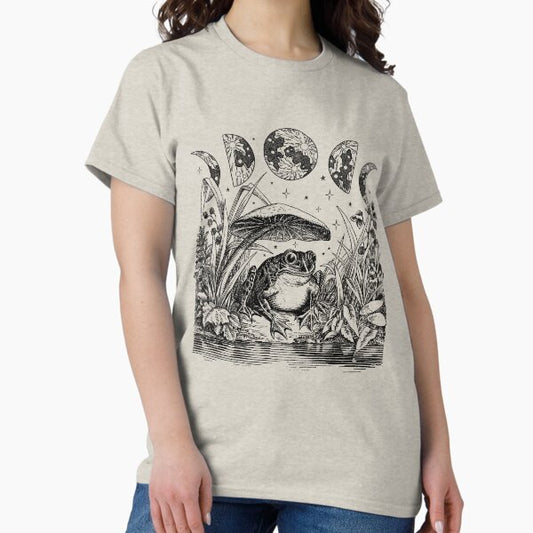Cottagecore Aesthetic Frog, Mushroom Moon Witchcraft: Vintage Dark Academia, Goblincore Froggy, Emo Grunge Nature Fantasy, Fairycore Toad in Toadstool Pond T-Shirt