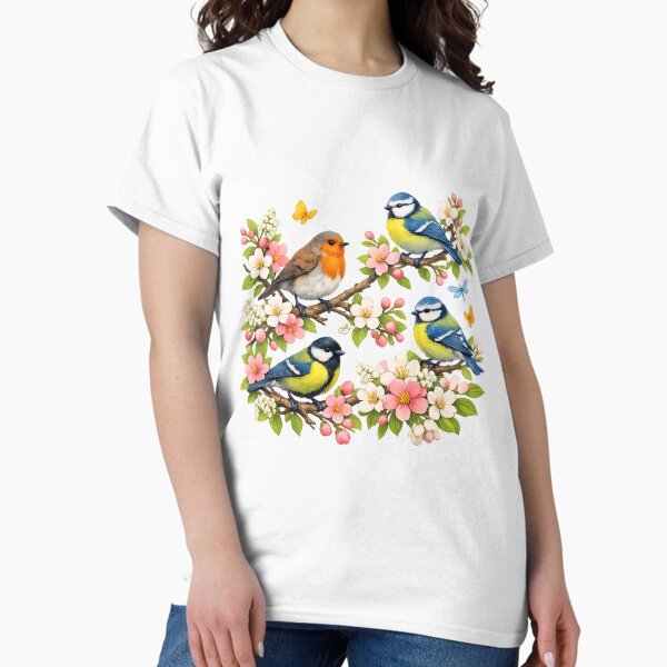 Springtime Magic T-Shirt Design – Colorful Birds on Flowering Branches | Robin & Tit Illustration | Floral Butterfly Artwork T-Shirt