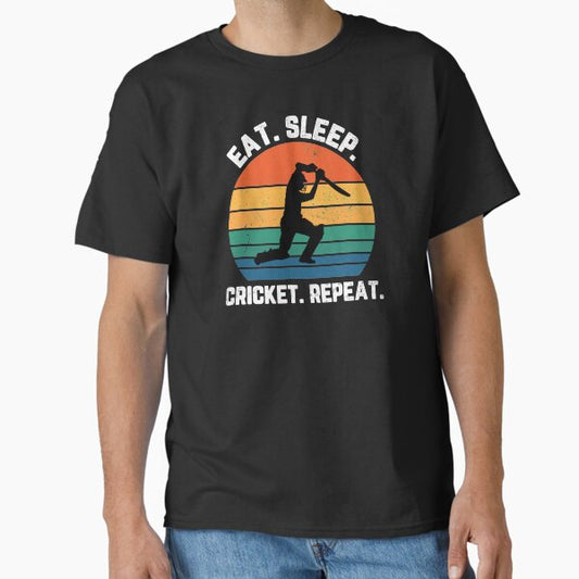 Eat Sleep Cricket Repeat Sunset White Text T-Shirt