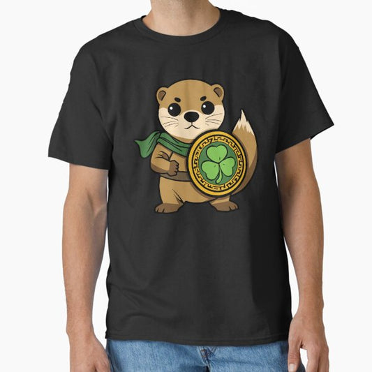 Otter Warrior Holding a Round Celtic Shield – Fianna Irish Shamrock Legend Graphic T-Shirt