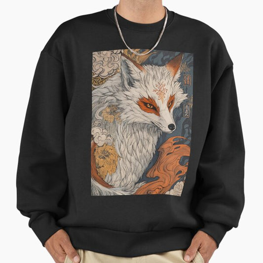Japanese Kitsune Art: Silver Whispers Spirit Sweatshirt