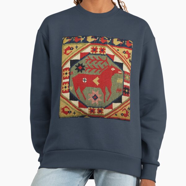 GEOMETRICAL ANTIQUE SWEDISH TAPESTRY WITH RED DEERS AND BIRDS Sweatshirt