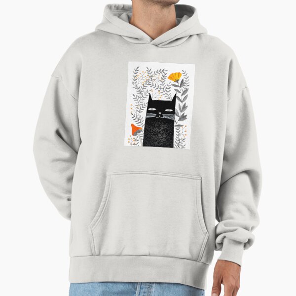 Black cat with botanical watecolor illustration Hoodie