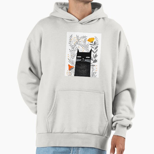 Black cat with botanical watecolor illustration Hoodie