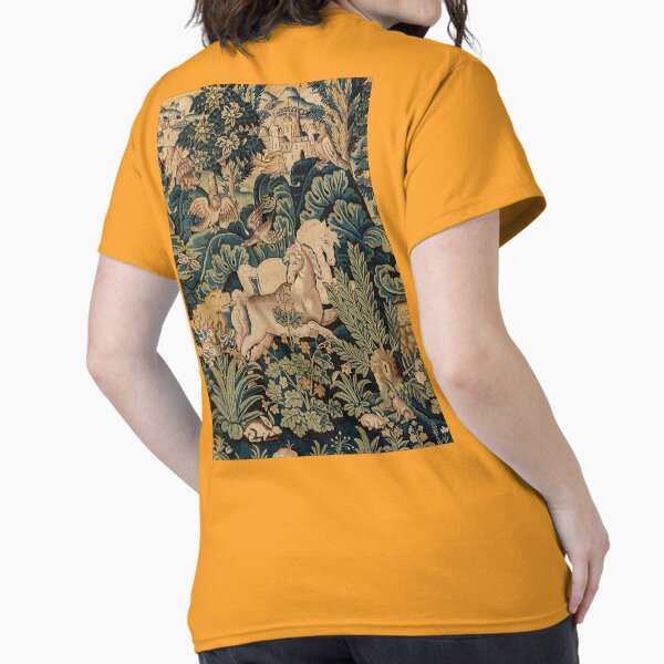 FANTASTIC ANIMALS AND HORSES IN WOODLAND Blue Green Ivory Antique French Tapestry T-Shirt