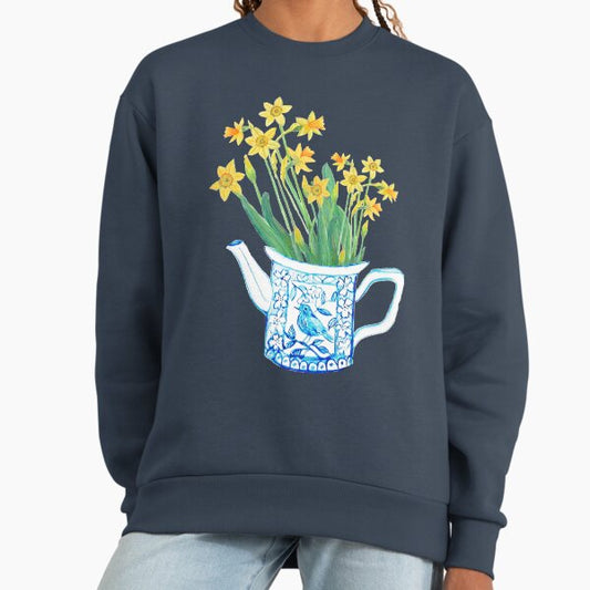 Daffodil watercolor in blue and white teapot Sweatshirt