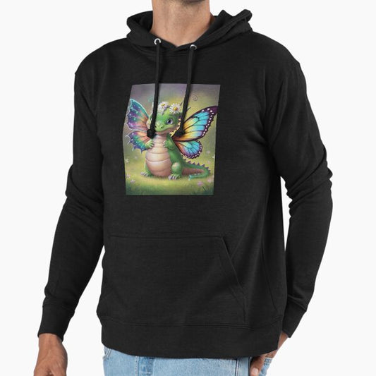 Cute dragon smiling fantasy cute dragon with butterfly wings with flowers on a green meadow,Legendary Animals,dragon art,Legendary dragon Hoodie