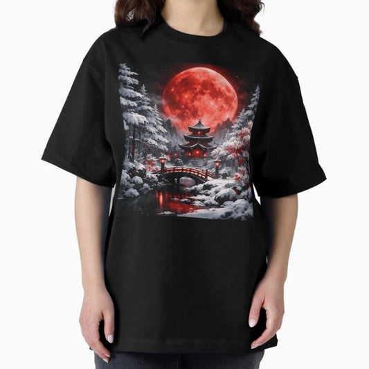 Silent Red Moon Snow – Japanese Winter Moon Fantasy Wall Art Gift T-Shirt