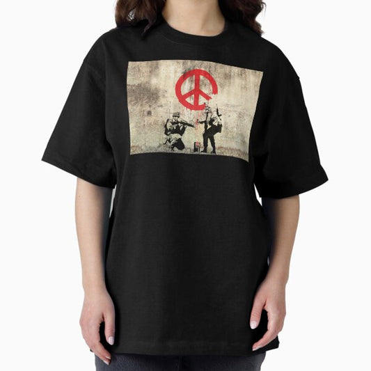 Soldiers Painting Peace Symbol On Wall - Banksy Pacifistic Street Art Mural T-Shirt