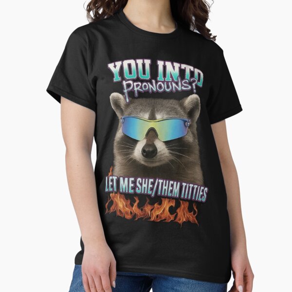 Stylish Pronouns Design – Funny Raccoon Art, Inappropriate Humor, Ironic Meme Gift for Her, Women, Men, and Girls T-Shirt
