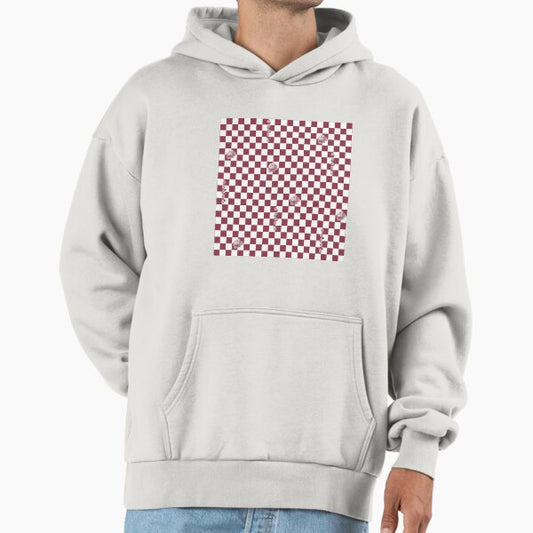 Retro Floral Checkerboard Pattern | White & Maroon Hoodie