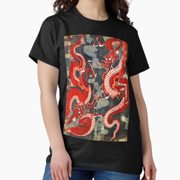 TWO DRAGONS JAPANESE WOODCUT IN RED BLACK WHITE T-Shirt