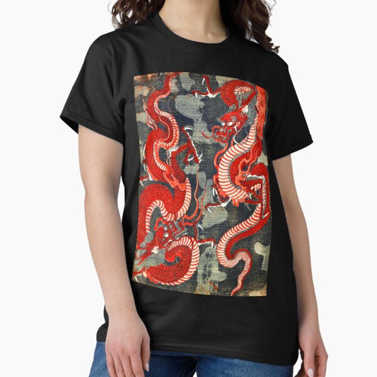TWO DRAGONS JAPANESE WOODCUT IN RED BLACK WHITE T-Shirt