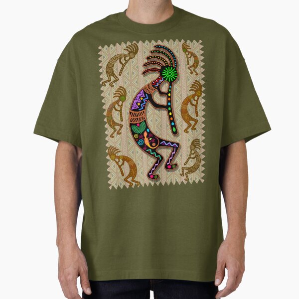 Kokopelli Rainbow Colors on Tribal Pattern T-Shirt