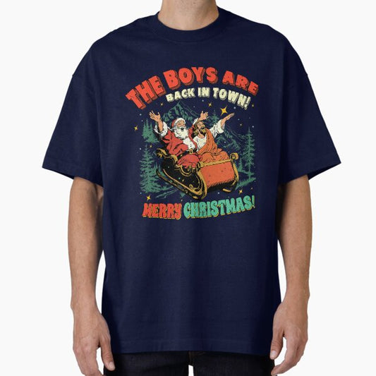 The Boys Are Back In Town Santa And Jesus Ride With Bold Holiday Fun And Bright Cheer T-Shirt