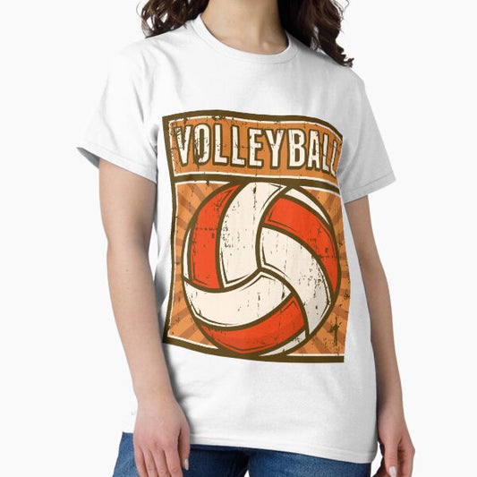 Volleyball Illustration in Retro Vintage Poster Style with white-red ball and orange background T-Shirt