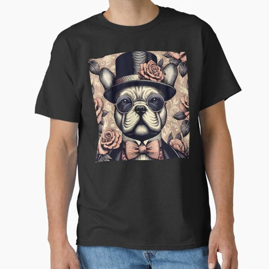 French Bulldog Floral Rose Elegance Retro Vintage Aesthetic Dog Art T-Shirt
