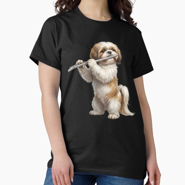 Shih Tzu Playing Flute Player Flutist Dog Lover T-Shirt
