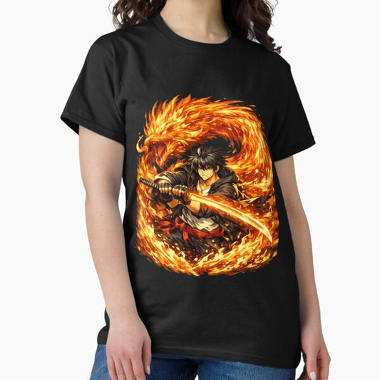 Fire Phoenix Wrapping Around Anime Hero with Glowing Sword Epic Fantasy Aesthetic Streetwear Design T-Shirt