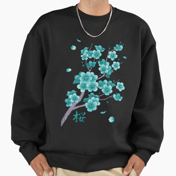 Falling teal blue Sakura Cherry Blossom on black Sweatshirt