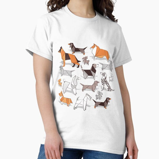 Origami doggie friends // grey linen texture background T-Shirt