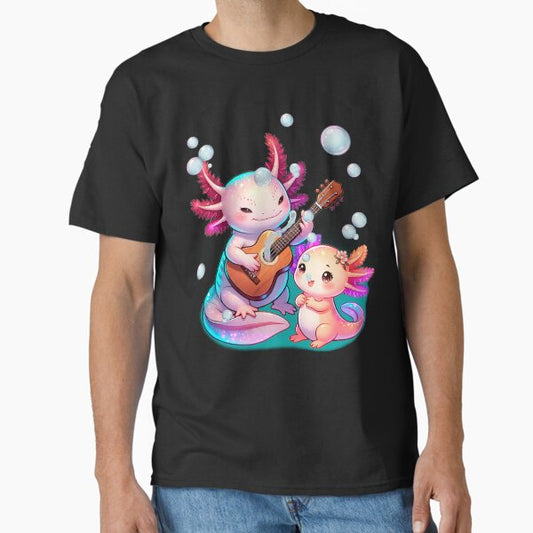 Cute axolotl with guitar – Glowing cartoon duo underwater T-Shirt