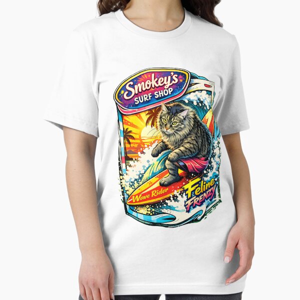Smokey’s Surf Shop Cat Surfer Wave Rider Retro Poster Vibrant Coastal Vibes T-Shirt