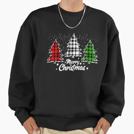 Merry Christmas Tree Buffalo Plaid Red White For Xmas 2024, Family Matching Gift Sweatshirt