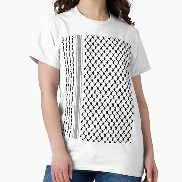 Palestinian Hatta Kufiya Folk Pattern #2-Black, Palestine Arabic Traditional Keffiyeh Design T-Shirt