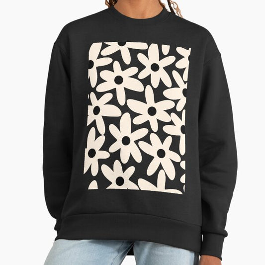 Daisy Time Black and Almond Cream Retro Scandinavian Floral Pattern Sweatshirt