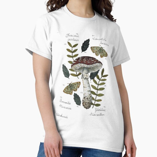 Amanita Muscaria with moths and leaves botanical illustration T-Shirt