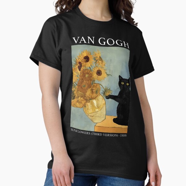 Van Gogh Black Cat With Sunflowers Funny Cat T-Shirt