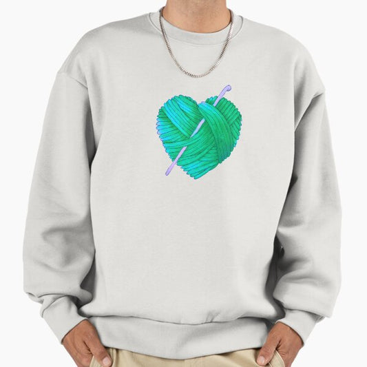 Cute Heart Ball of Yarn and Crochet Hook in Teal Green Blue Sweatshirt